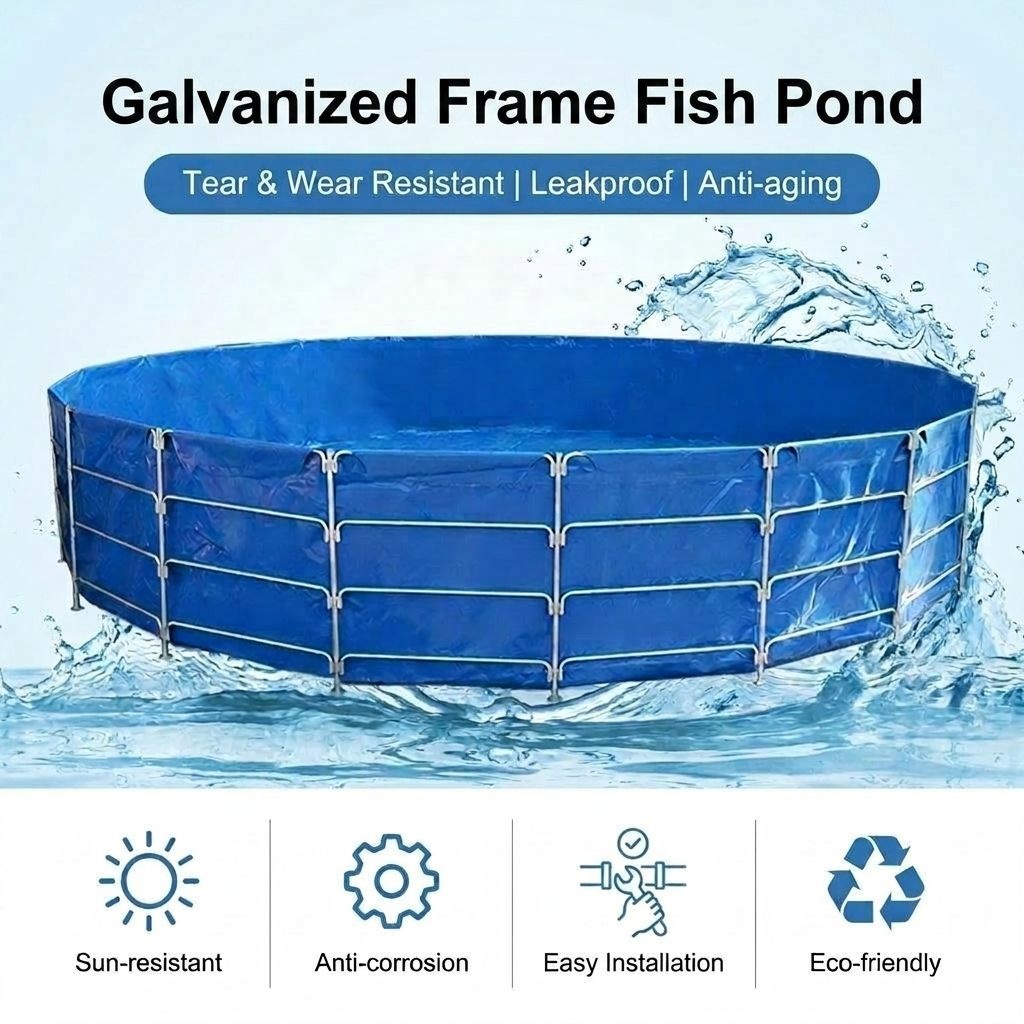Farm Pond Liner - อุปกรณ์เพาะเลี้ยงสัตว์น้ำ, โครงเหล็กชุบสังกะสีความแข็งแรงสูง, แผ่นรอง PVC กันรั่ว, บ่อปลาผ้าใบสำหรับการเลี้ยงปลา