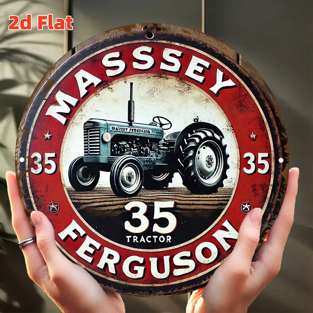 Farming Agriculture Logo - ป้ายโลหะทรงกลมลายวินเทจ รถแทรกเตอร์ Massey Ferguson 35 สีแดงขาว