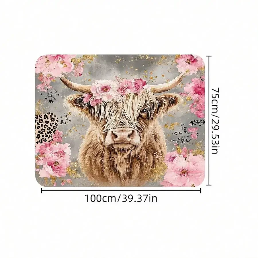 Cow Mat Rubber - 1 ชิ้น, แผ่นรองท้ายรถลายวัวสก็อตแลนด์และลายดอกไม้, ลายดอกไม้สีชมพูและลายเสือดาว, ของใช้จำเป็นในการเดินทาง