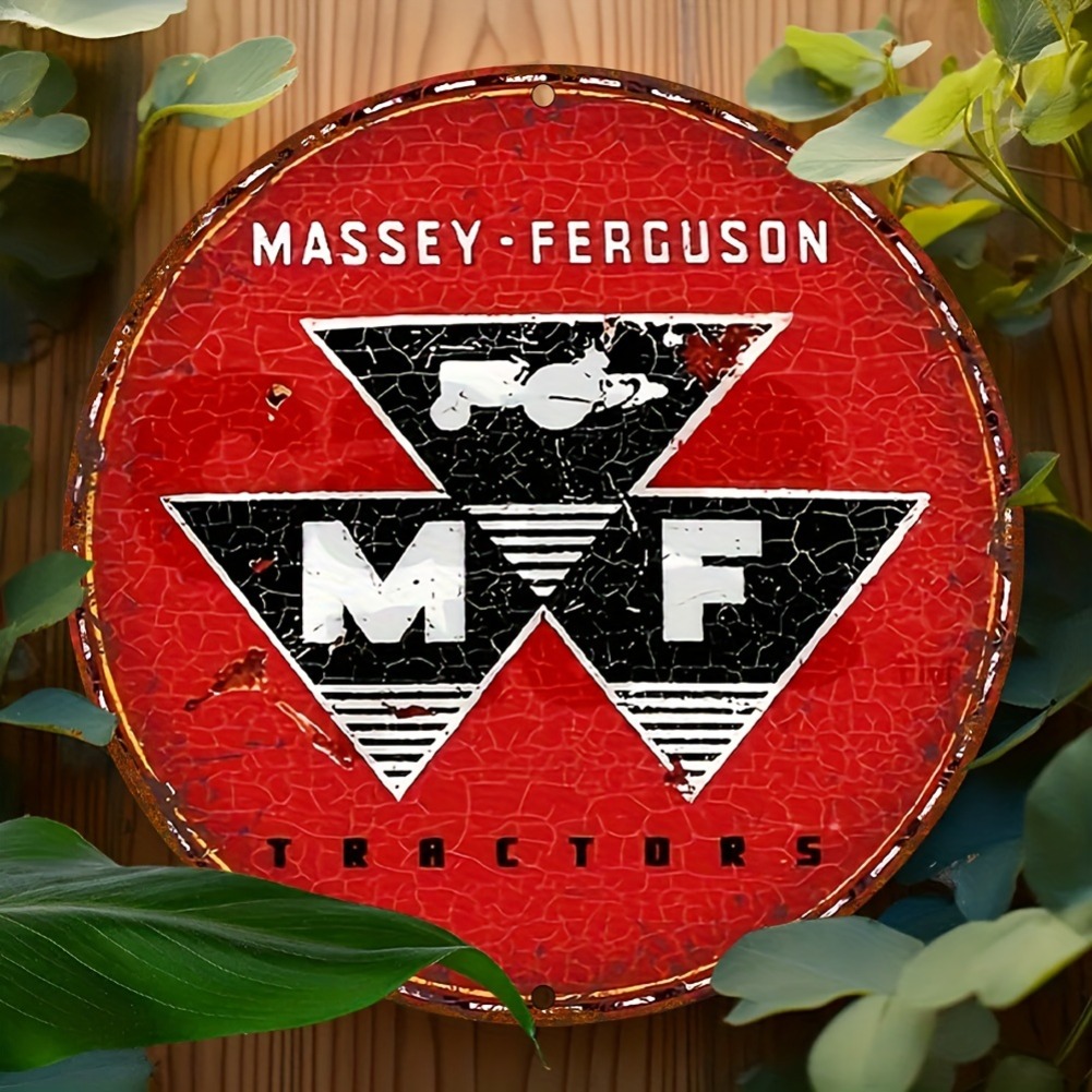 Farming Agriculture Logo - ป้ายโลหะทรงกลมลายรถแทรกเตอร์ Massey Ferguson สไตล์วินเทจ ตกแต่งผนังฟาร์ม โลโก้สีแดงแบบดิสเทรส